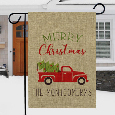 Personalized Red Truck Christmas Burlap Garden Flag - Print One Side - Gifts For You Now