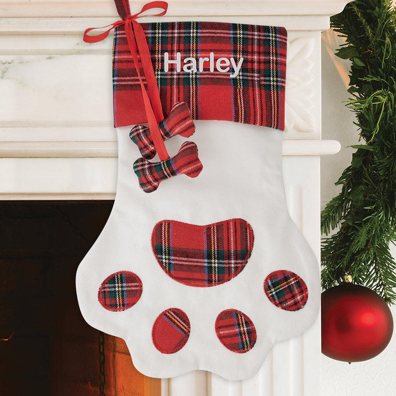 Personalized White Plaid Paw Stocking -  - Gifts For You Now