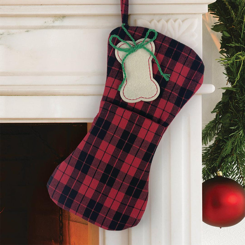 Plaid Bone 17" Pet Stocking Red -  - Gifts For You Now