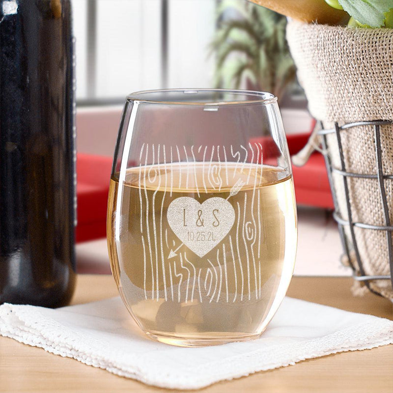 Personalized Wood Grain Black Heart with Arrow Stemless Wine Glass 17oz - - Gifts For You Now