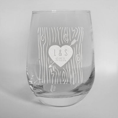 Personalized Wood Grain Black Heart with Arrow Stemless Wine Glass 17oz - - Gifts For You Now