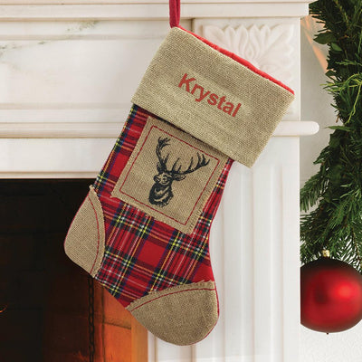 Personalized Red Thread Burlap Reindeer Stocking -  - Gifts For You Now