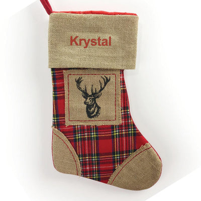 Personalized Red Thread Burlap Reindeer Stocking -  - Gifts For You Now