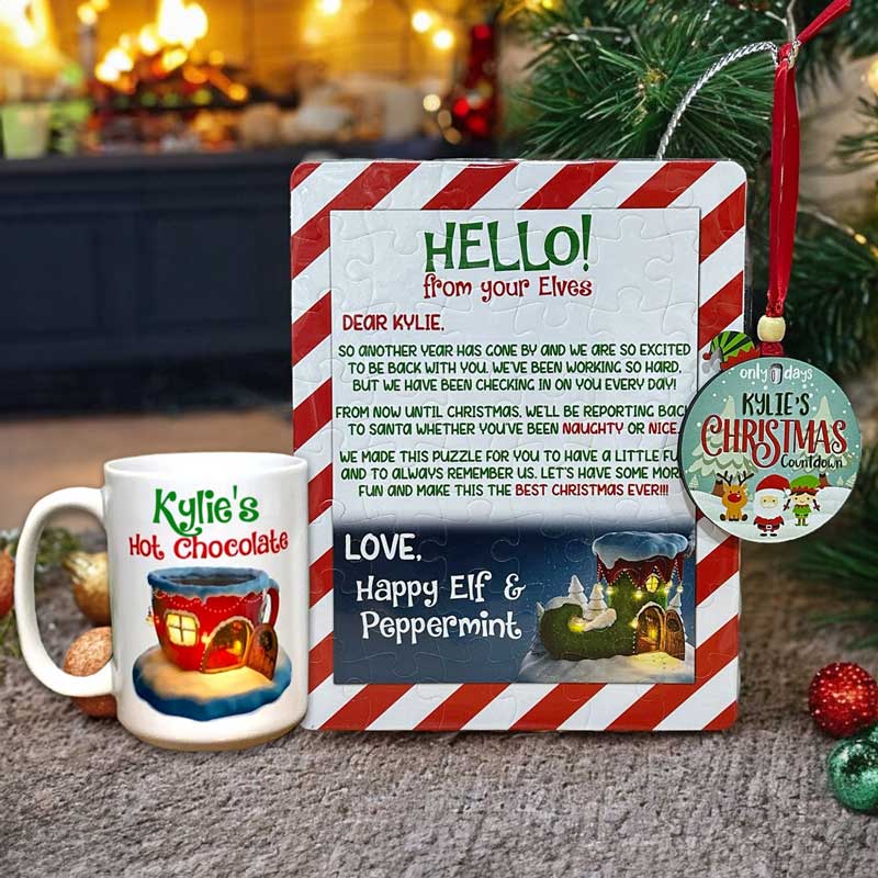 Personalized Gift Bundle - Elf Countdown Ornament, Mug + Letter Puzzle