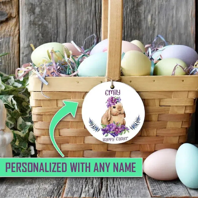 Personalized Easter Bunny Easter Basket Ceramic Name Tags - Bunny Purple - Lazerworx