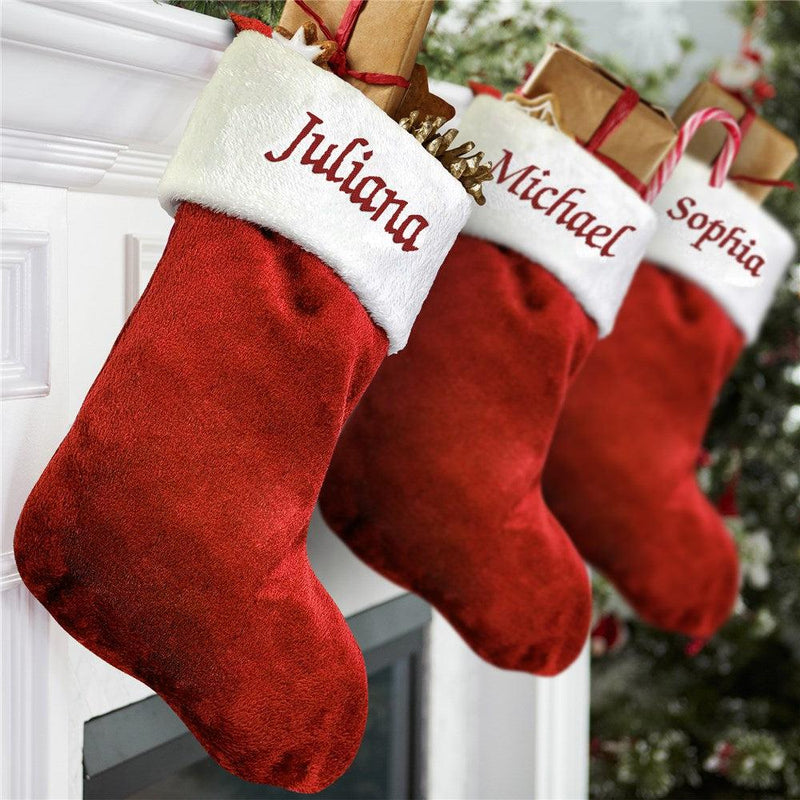 Red Plush Embroidered Christmas Stocking -  - Gifts For You Now