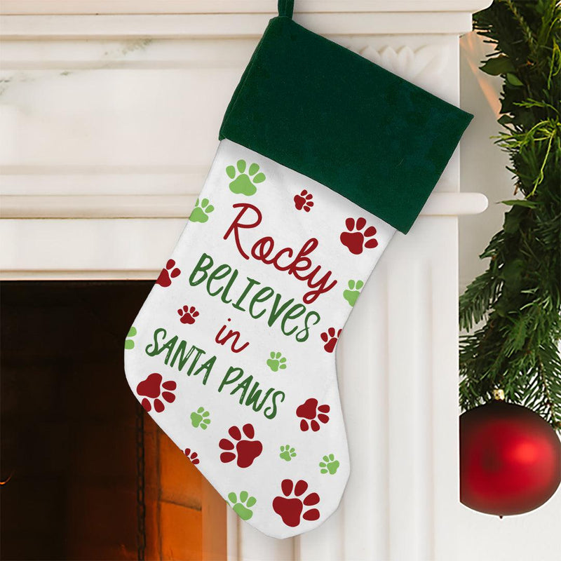 Personalized Believes in Santa Paws Stocking - Green Cuff - Gifts For You Now