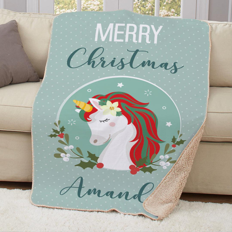 Personalized Merry Christmas Unicorn Throw Blanket