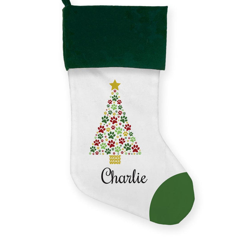 Personalized Paws Christmas Tree Stocking with Green Cuff -  - Gifts For You Now