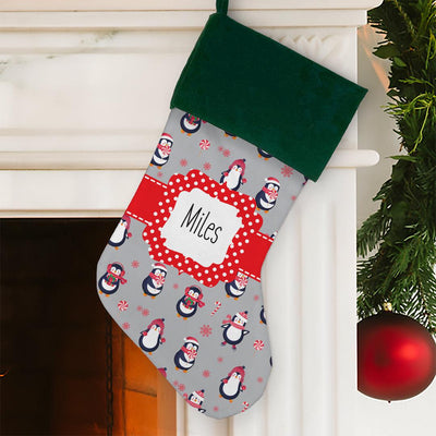 Personalized Penguins Christmas Stocking - Green Cuff - Gifts For You Now