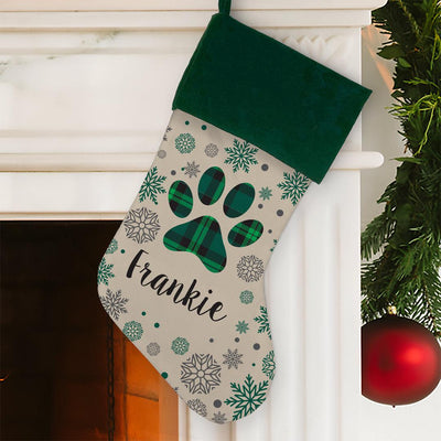 Personalized Plaid Paw Stocking - Green - Gifts For You Now