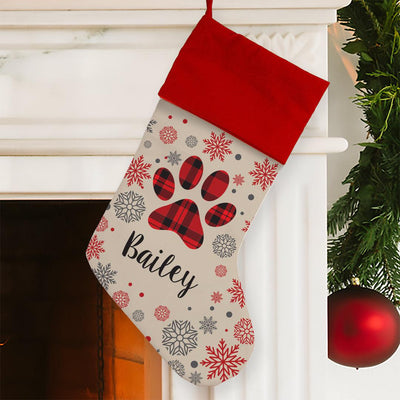 Personalized Plaid Paw Stocking - Red - Gifts For You Now