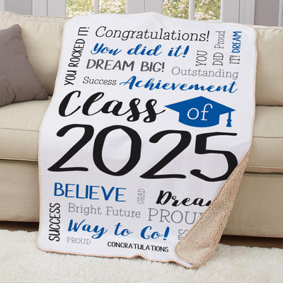 Personalized Blue Graduation Class of Word Art Sherpa Lined Blanket with Cap - - Gifts For You Now