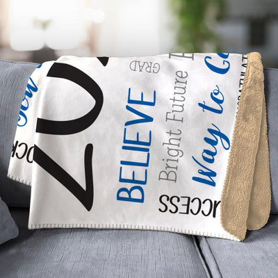 Personalized Blue Graduation Class of Word Art Sherpa Lined Blanket with Cap - - Gifts For You Now