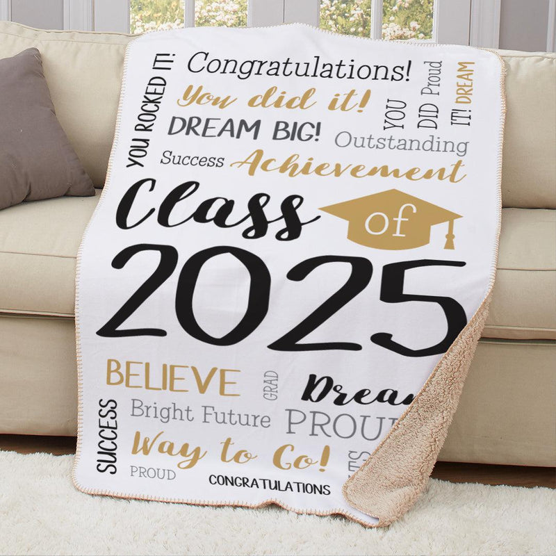 Personalized Gold Graduation Class of Word Art Sherpa Lined Blanket with Cap - - Gifts For You Now