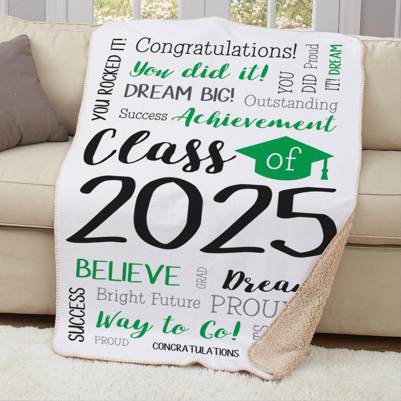 Personalized Green Graduation Class of Word Art Sherpa Lined Blanket with Cap - - Gifts For You Now