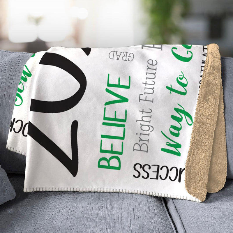 Personalized Green Graduation Class of Word Art Sherpa Lined Blanket with Cap - - Gifts For You Now