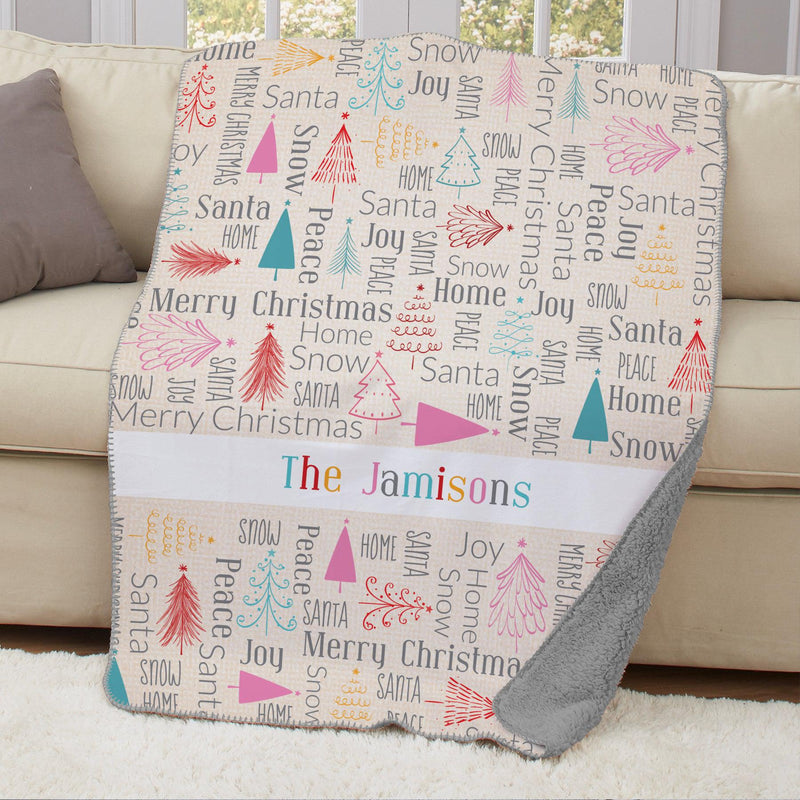 Personalized Bright Christmas Sherpa Lined Throw Blanket - Grey - Gifts For You Now