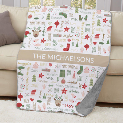 Personalized Large Soft Christmas Word Art Sherpa Lined Throw Blanket - Grey - Gifts For You Now