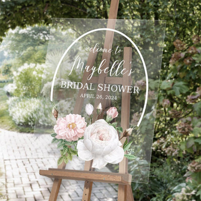 Personalized White Floral Bridal Shower Acrylic Sign - 18 x 24