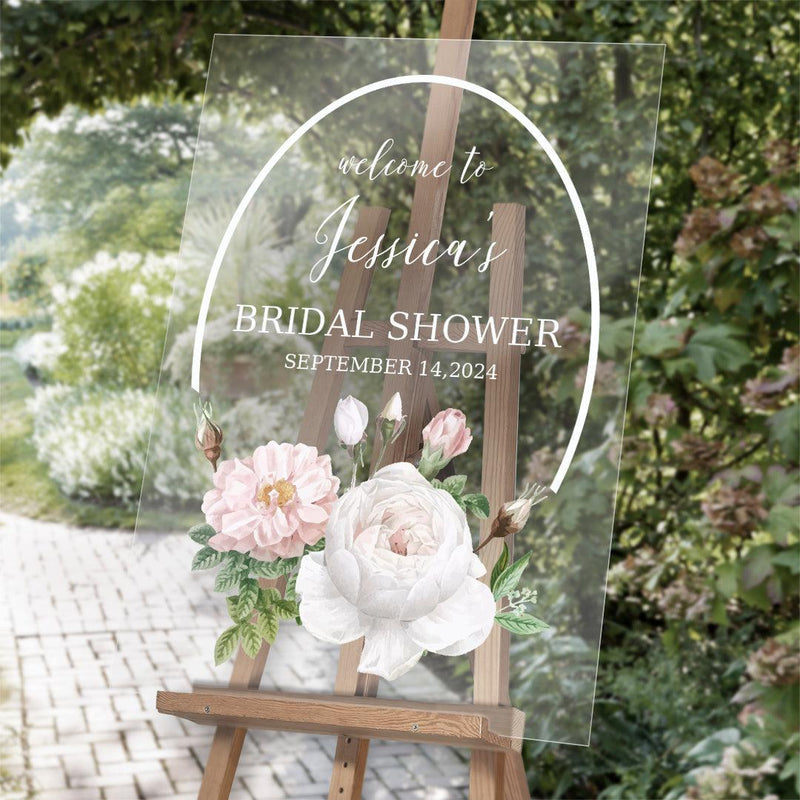 Personalized White Floral Bridal Shower Acrylic Sign - 24 x 36