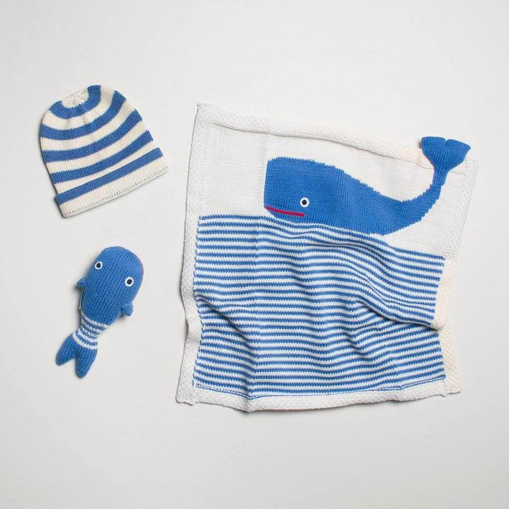 Organic Baby Gift Set - Handmade Lovey Blanket, Rattle Toy & Hat | Whale -  - Estella