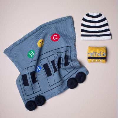 Organic Baby Gift Set - Newborn Lovey Blanket, Rattle Toy & Hat | Taxi - Train - Estella