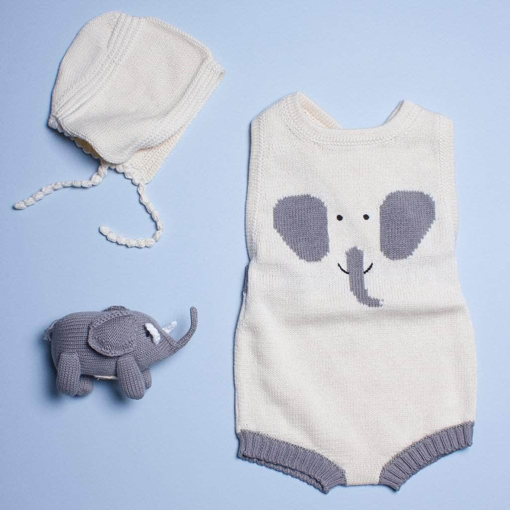 Organic Cotton Baby Gift Set - Elephant Baby Rattle, Organic Baby Romper & Bonnet Hat -  - Estella