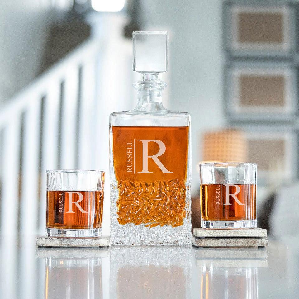 Personalized Decanter Set With Monogrammed Whiskey Glasses–Plain Initials–Set of 2 Cocktail Glasses & Plain Monogram Liquor store Decanter