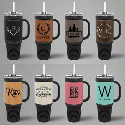 Personalized 40 oz. Black with Engraved Leatherette Travel Mugs - - Lazerworx