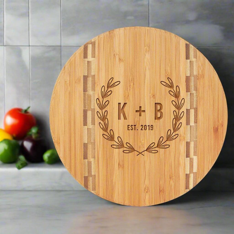 Personalized Round Bamboo Cutting Board with Butcher Block Inlay - Wedding Designs - - Lazerworx