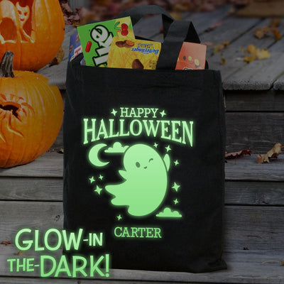 Personalized Glow in The Dark Happy Halloween Ghost Tote Bag -  - Gifts For You Now