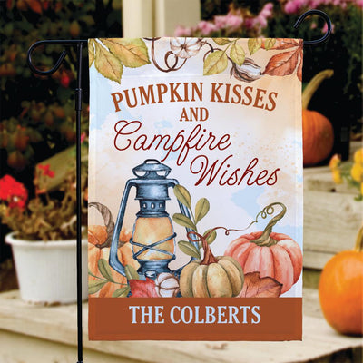 Personalized Pumpkin Kisses and Campfire Wishes Garden Flag - Print One Side - Gifts For You Now