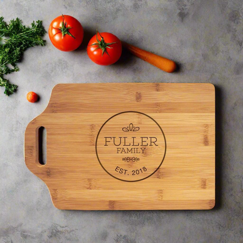 Personalized Bamboo Cutting Board with Handle - - Lazerworx