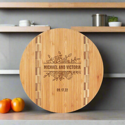 Personalized Round Bamboo Cutting Board with Butcher Block Inlay - Wedding Designs - - Lazerworx