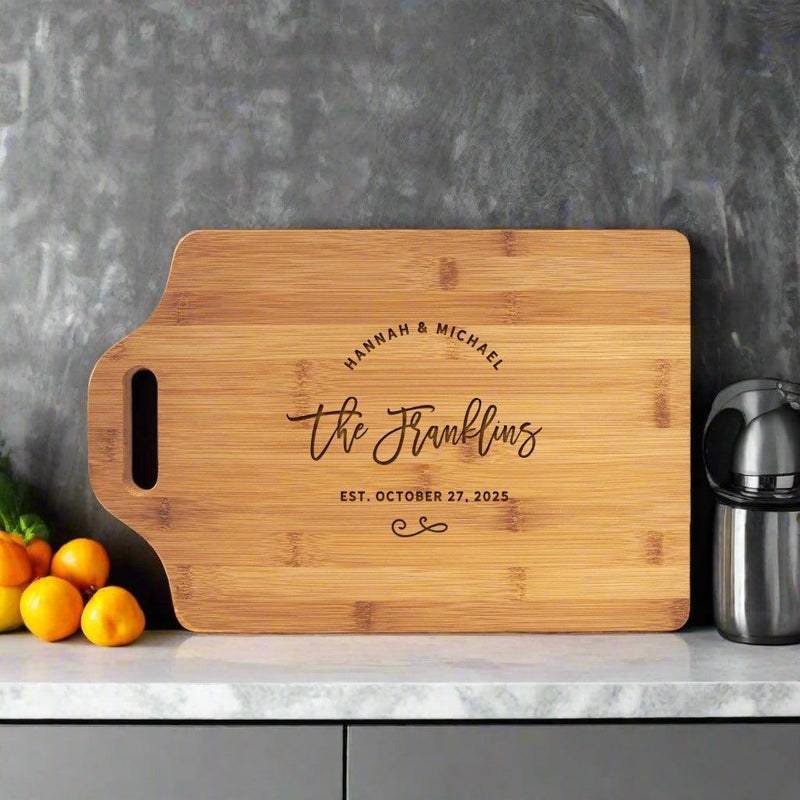 Personalized Bamboo Cutting Board with Handle - - Lazerworx