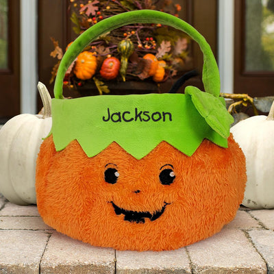 Embroidered Boy Fuzzy Pumpkin Trick or Treat Basket - - Gifts For You Now