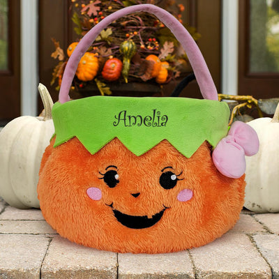 Embroidered Girl Fuzzy Pumpkin Trick or Treat Basket -  - Gifts For You Now