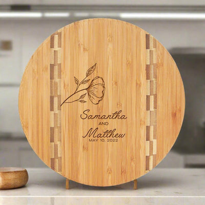 Personalized Round Bamboo Cutting Board with Butcher Block Inlay - Wedding Gifts - - Lazerworx