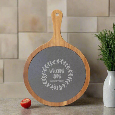 Personalized Round Acacia Wood/Slate Serving Board with Handle - - Lazerworx