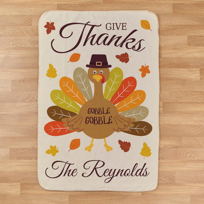 Personalized Give Thanks Turkey Sherpa Throw Blanket -  - Gifts For You Now