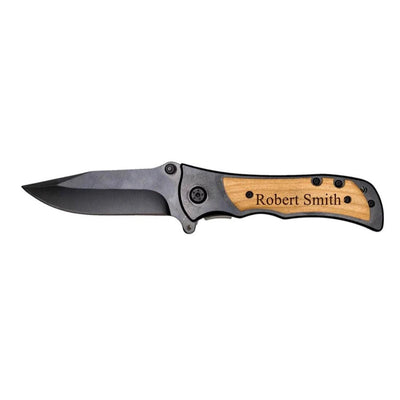 Personalized Black Blade Knife with Lightwood Handle Inlay -  - Completeful