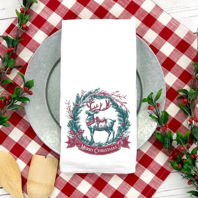 Personalized Deer Vintage Christmas Tea Towel -  - Wingpress Designs