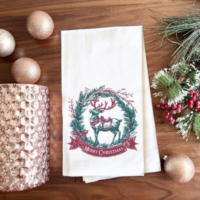 Personalized Deer Vintage Christmas Tea Towel -  - Wingpress Designs