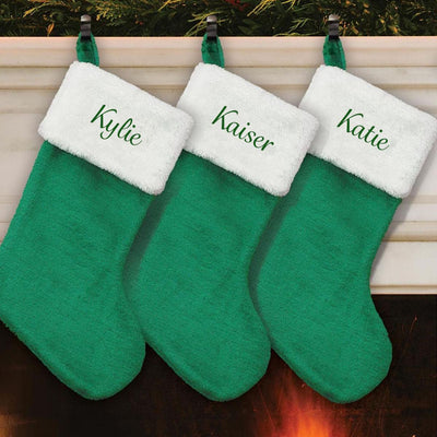 Green Plush Embroidered Christmas Stocking -  - Gifts For You Now