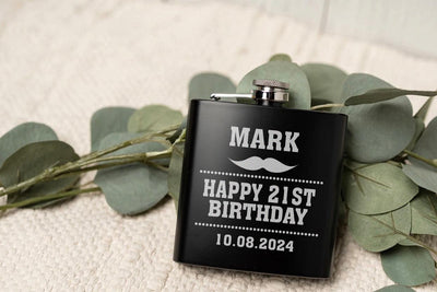 Personalized Mustache Birthday Matte Black Flask -  - Completeful