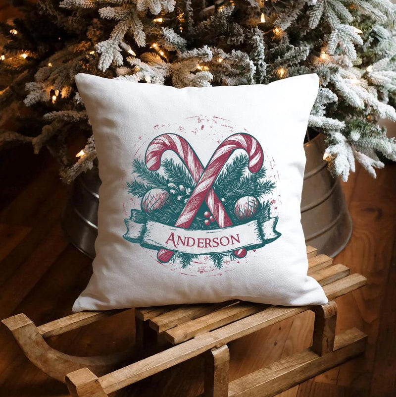 Personalized Candy Canes Vintage Christmas Throw Pillow Cover -  - Wingpress Designs