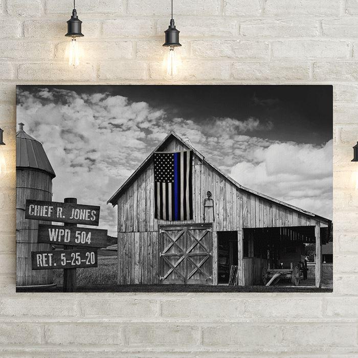 Personalized Thin Blue Line Flag on Old Barn Premium Canvas -  - Lazerworx